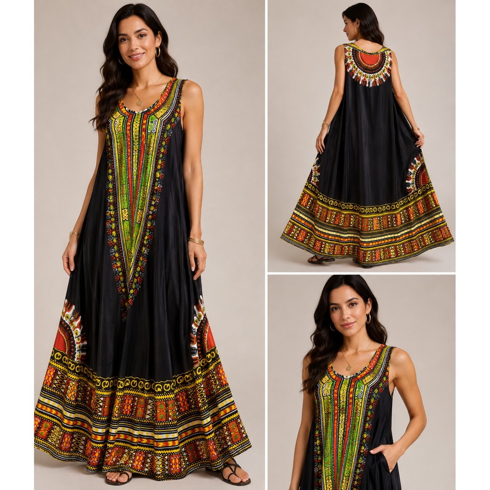 Riviera Sun Dashiki Dress Women One Size Black Excellent Sleeveless A-Line Print